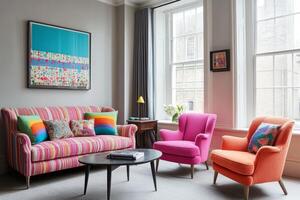 Bright and inviting living room showcases stylish chenille sofas and chairs in vibrant colors, perfect for relaxation photo