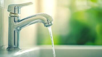 A dripping faucet under soft light highlights the importance of water conservation and eco-awareness, Earth Day concept photo