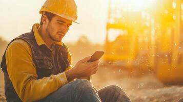 Tired worker sitting on construction site during break, looking at phone amid dusty surroundings and sunlight, internet addiction concept photo