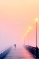 A solitary person strolls across an empty bridge as fog envelops the area during twilight photo