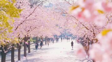 Visitors stroll under vibrant pink cherry blossoms on a sunny day, enjoying the beauty of springtime photo