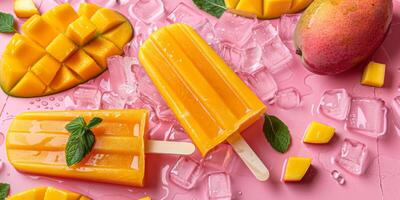 Mango popsicles and mango on blue background photo