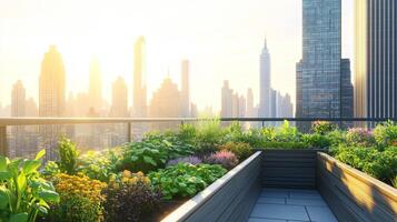 Rooftop urban garden showcases lush greenery and a stunning city view at golden hour photo