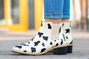 A woman showcases fashionable ankle boots with a cow skin print outside, enjoying the beautiful weather and style photo