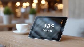 Tablet shows 10G internet test results in a cozy cafe with warm lighting and a coffee cup nearby photo
