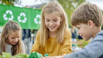 Children happily learn proper waste sorting techniques during an engaging eco-festival activity photo