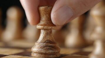 Fingers carefully move a carved chess piece on a traditional board, capturing a moment of strategic focus photo