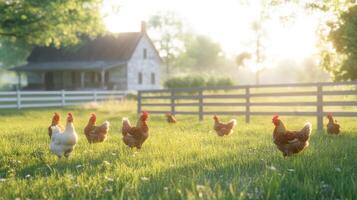 Chickens pecking grass by a farmhouse in golden hour create a peaceful vibe photo