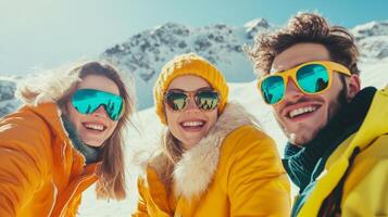 A group of friends poses joyfully in bright ski outfits against a stunning mountain backdrop photo