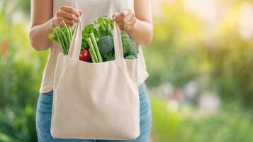 A woman enjoys a sustainable lifestyle, rejecting plastic by using a reusable fabric bag photo