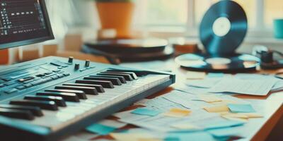Keyboard and scattered sheet music create an inspired atmosphere in a cluttered music studio photo