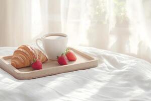 Cozy breakfast in bed with coffee, croissant, and strawberries in gentle morning sunlight photo