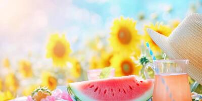 Bright sunflowers surround a picnic setup with iced tea and fresh watermelon under a sunny sky photo