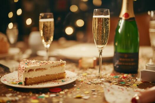 champán botellas y pastel residuos desorden un mesa, capturar el caos de un tarde en la noche celebracion foto