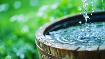 Rainwater harvesting system redirects water to a wooden barrel, enhancing a self-sufficient garden photo