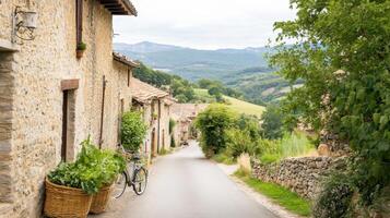 Travelers cycle leisurely through a tranquil village, carrying woven baskets filled with fresh vegetables photo