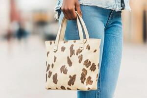 A stylish black woman in jeans carries a cowhide print bag while walking through a sunny city street photo