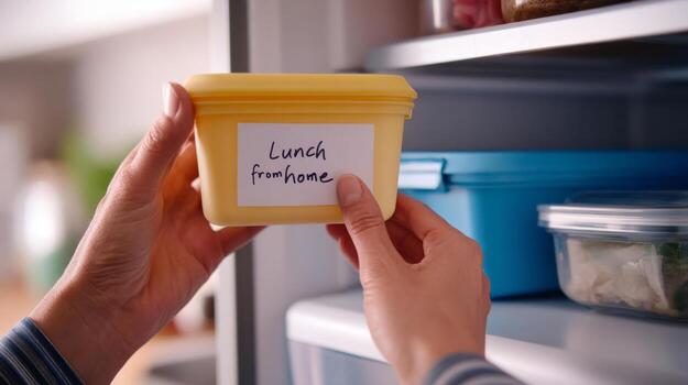 Individual marks lunchbox with a label before putting it in the office fridge during lunch hours, homemade lunch concept photo