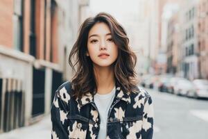 The woman exudes style as she poses in a trendy cow print jacket and jeans on a lively city street photo
