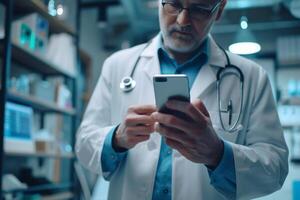 A doctor calls his patient via smartphone photo