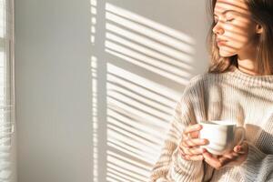 A woman in a cozy sweater sips tea as sunlight casts serene patterns on the wall photo