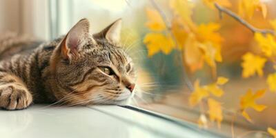 Tabby cat resting on windowsill, looking out at autumn leaves photo