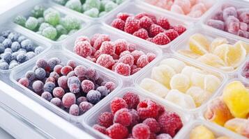 Vibrant frozen berries and fruit fill a tidy white freezer, ideal for healthy snacking photo