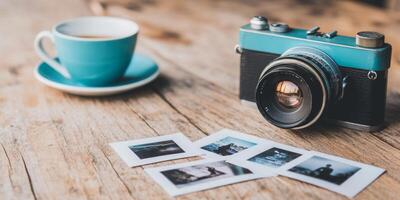A retro film camera sits next to developed photos on a wooden table, evoking unplugged travel memories