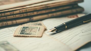 Journaling with a fountain pen, vintage postcards, and stamps, embracing analog travel photo