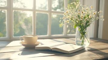 Enjoying a tranquil morning with a cup of tea, a journal open for reflection, and flowers brightening the space photo