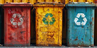 Three recycling bins in a row, painted red, yellow, and blue, with rust and worn paint photo