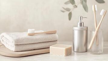 This eco-conscious bathroom features minimal design with a bamboo toothbrush and reusable soap container photo