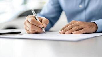Close-up of a man completing a car loan contract at a stylish dealership photo