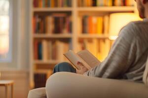 Person relaxing in a comfortable chair while reading a book in a living room photo