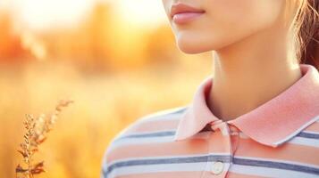 Woman's close-up showcases a striped rugby polo with a contrasting collar against a blurred autumn backdrop photo