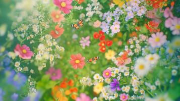 Soft light illuminates a lush chaos garden alive with colorful flowers, butterflies, and buzzing bees photo