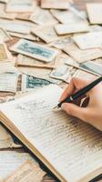 A traveler journals with a fountain pen, surrounded by vintage postcards and nostalgic stamps photo