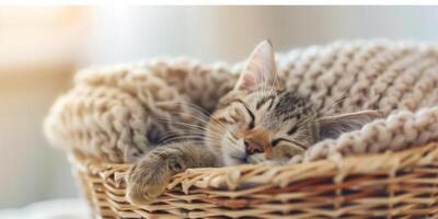 Tabby cat sleeps in a wicker basket photo