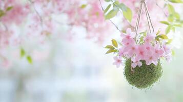 A kokedama hangs on a rail, surrounded by cherry blossoms in full bloom, illuminated by warm spring light photo