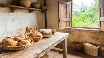 Guests are engaged in handmade bread baking, embracing traditional techniques in a rustic kitchen photo