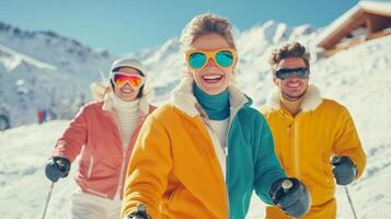 Group of friends enjoying a sunny ski day at Portillo, showcasing vibrant retro outfits and playful joy photo