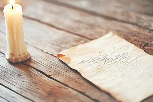 A soft light from a flickering candle highlights an aged love letter on a wooden desk, evoking nostalgia photo