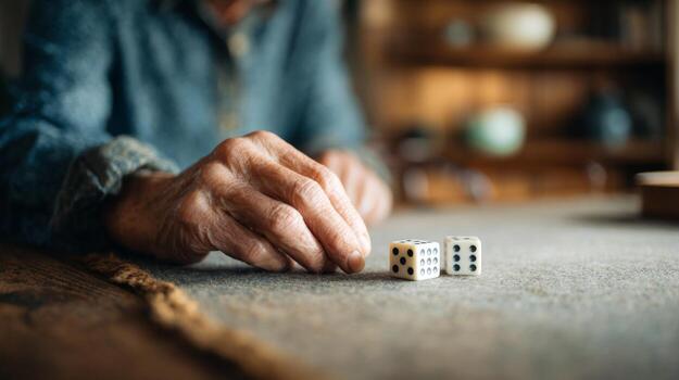 envejecimiento manos rodar clásico dado en un sintió superficie en un cálido, atractivo de madera interior lleno con nostalgia foto