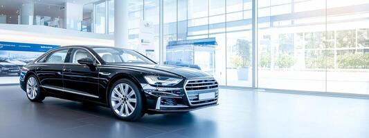 Brand new sedan showcased in an elegant showroom with sleek design and bright promotional banner photo