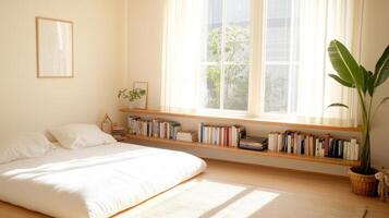 Bright and minimalist bedroom with a Japanese futon, low bookshelf, and warm daylight creating a tranquil atmosphere photo