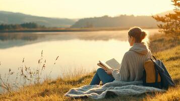 A young woman relaxes by a tranquil lake, reading a book while soaking in the sun and nature's beauty photo