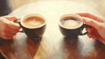 Hands gesture mid-conversation above two cups of coffee on a warm, inviting cafe table photo