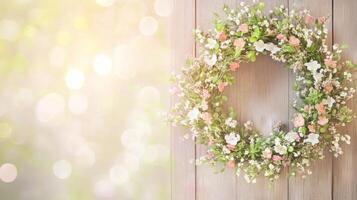 Beautiful eco-friendly wreath of fresh flowers welcomes spring on a wooden door, surrounded by warm light photo