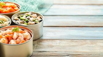Cans of seafood on a wooden table with a fishing net, showcasing convenient and healthy choices photo