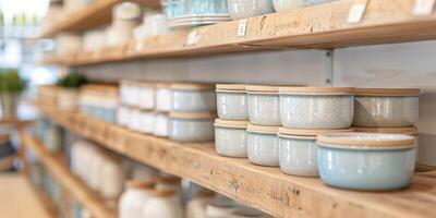 Colorful ceramic containers are neatly arranged on rustic wooden shelves in a welcoming store environment photo